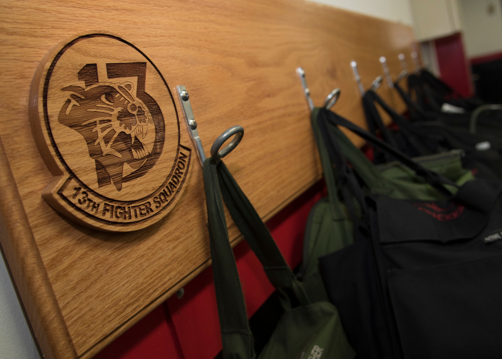 Pilot helmet bags hang on a wall at Misawa Air Base, Japan, May 4, 2016. Before each mission, pilots collect necessary equipment and attend briefings to ensure preparedness. Flight briefs cover rules and regulations, objectives and aircraft coordination. (U.S. Air Force photo by Airman 1st Class Jordyn Fetter)