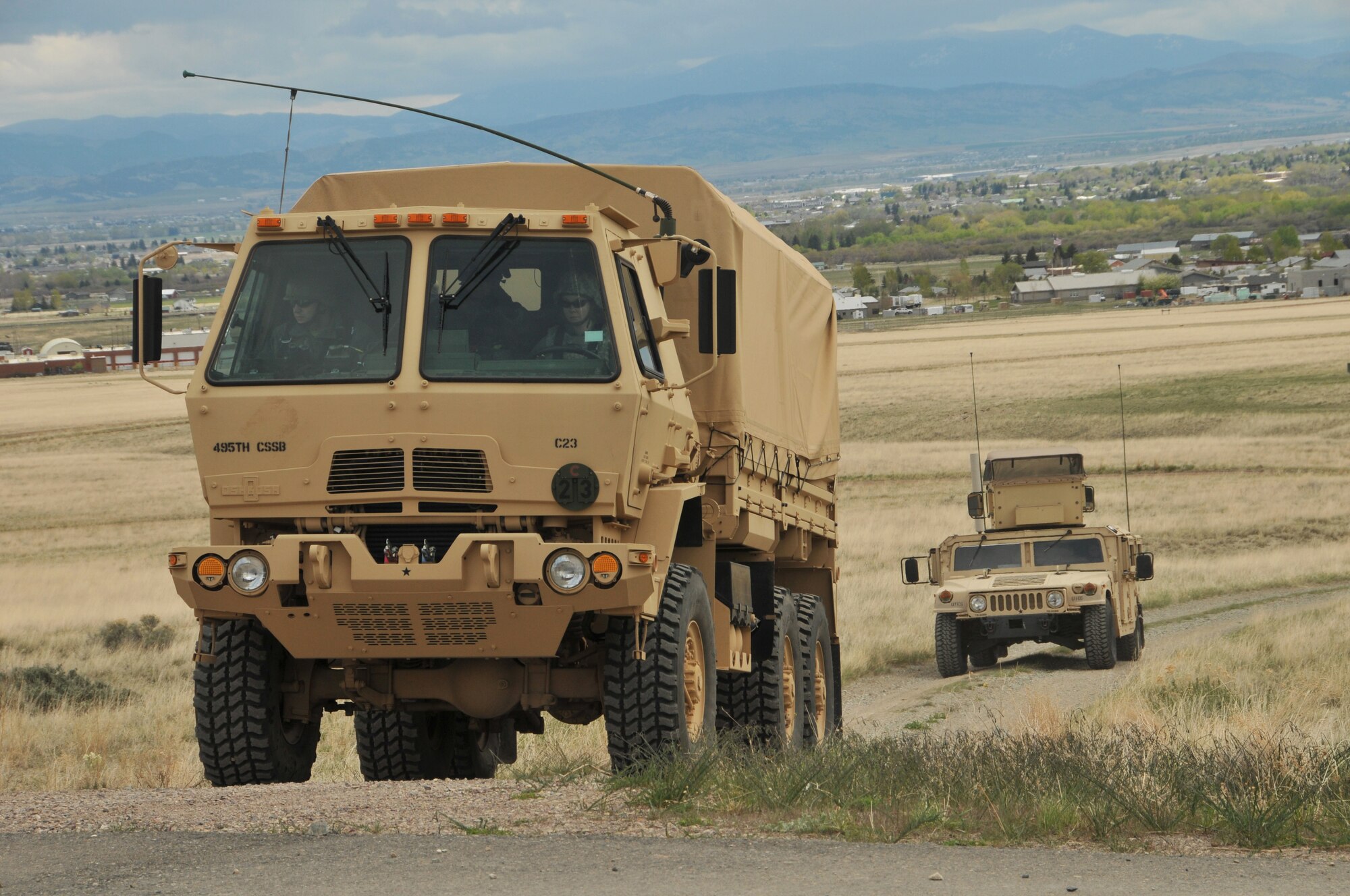 Airmen from the 120th Mission Support Group, Montana Air National Guard, perform convoy training during a field training exercise April 30, 2016, at Fort Harrison in Helena, Mont. The Airmen were able to meet readiness requirements and sharpen contingency skills in a simulated combat environment during the training. (U.S. Air National Guard photo by Tech. Sgt. Christy Mason)