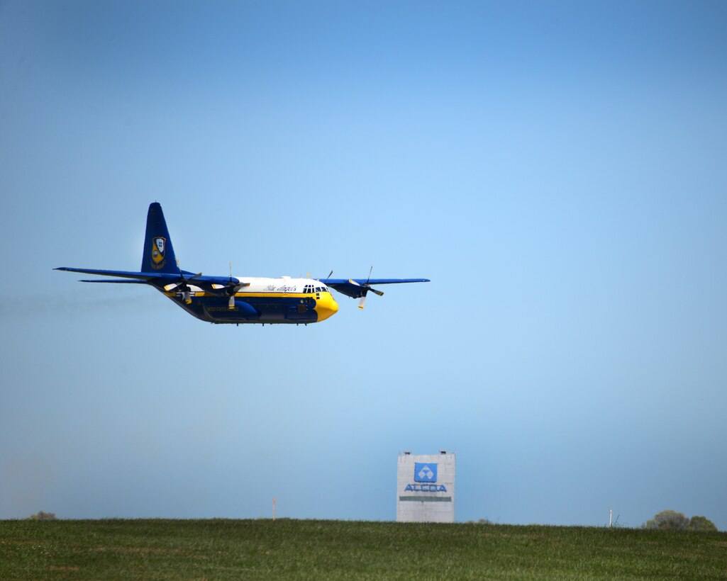 The U.S. Navy Blue Angels Fat Albert C-130 Hercules conducts a high speed low, pass for the crowd during a demonstration at the 2016 Smoky Mountain Air Show at McGhee Tyson ANG Base, TN. (U.S. Air National Guard photo by Master Sgt. Kendra M. Owenby, 134 ARW Public Affairs)