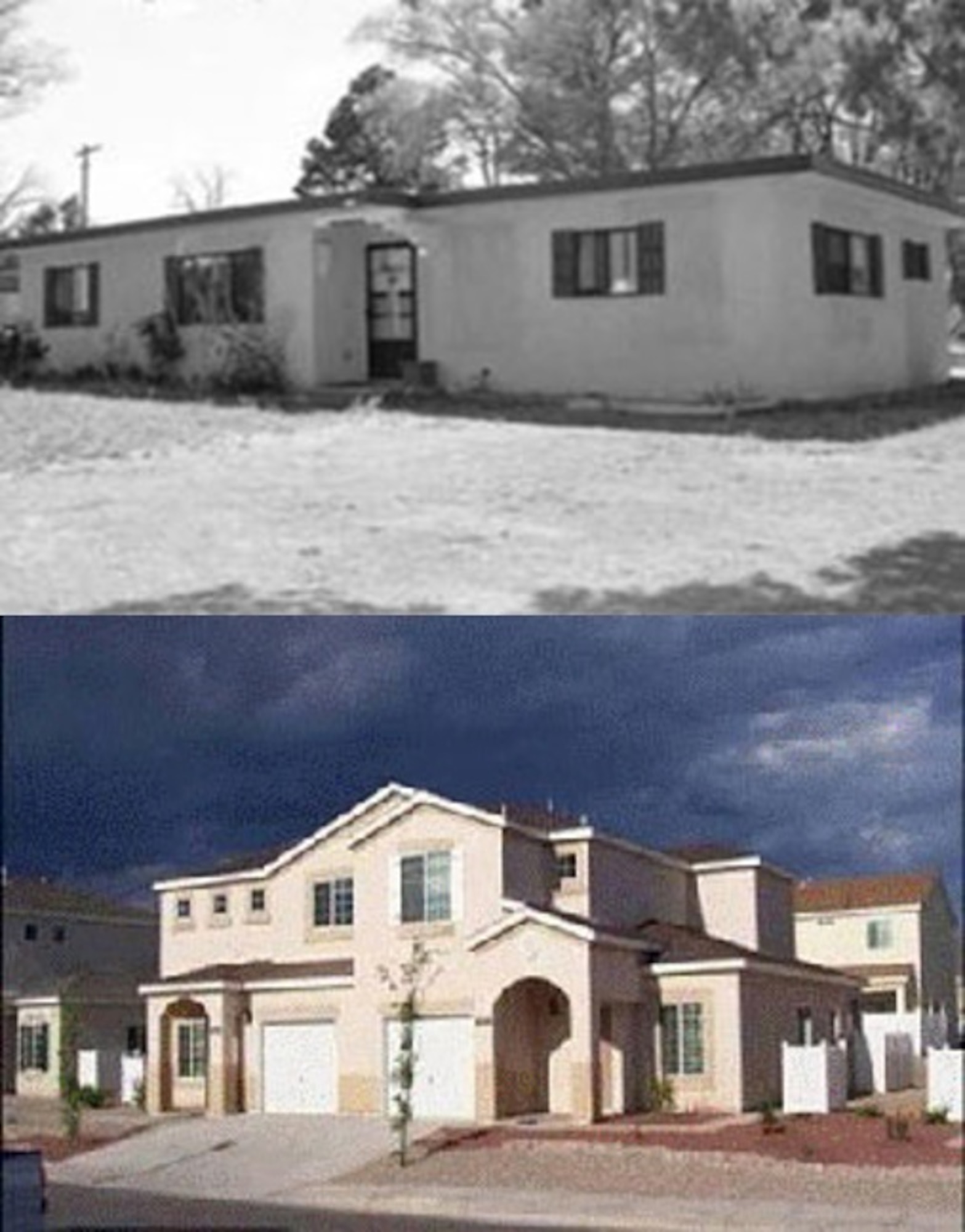 The Air Force privatized housing at Kirtland Air Force Base, New Mexico, in April 2003. Through privatization, the Air Force conveyed 1,784 homes to Hunt Building Corporation and management and operation to Kirtland Military Housing — an entity of HBC.  KFH demolished 1,572 units, constructed 868 new units and took control of 211 existing units in the initial development phase. The top photo depicts base housing before privatization, and below after KMH completed the initial development phase. (Courtesy photos)