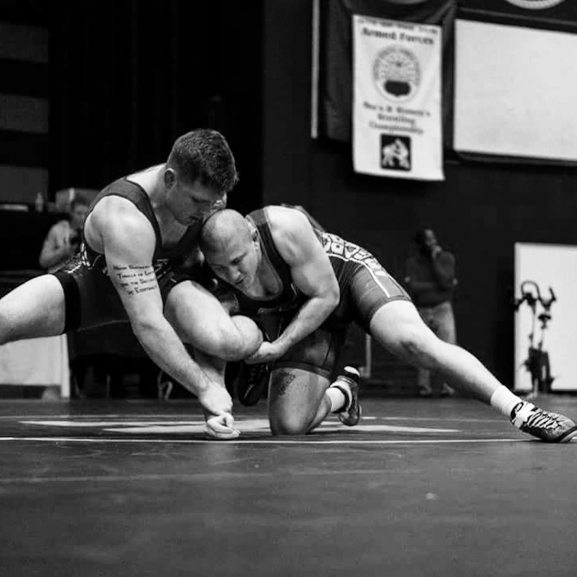 1st Lt. Clayton Gable (right), 2nd Space Warning Squadron supervisory statistician, wrestles at the Armed Forces Championships February 20, 2016, at Naval Base Kitsap, Wash. Gable wrestled for the U.S. Air Force Academy and continues to wrestle for the All-Air Force wrestling team. (Courtesy photo)