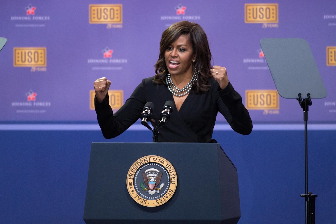 First Lady Michelle Obama speaks at the comedy show celebrating the 75th anniversary of the USO and the 5th anniversary of the Joining Forces initiative at Joint Base Andrews near Washington, D.C., May 5, 2016. DoD photo by E.J. Hersom