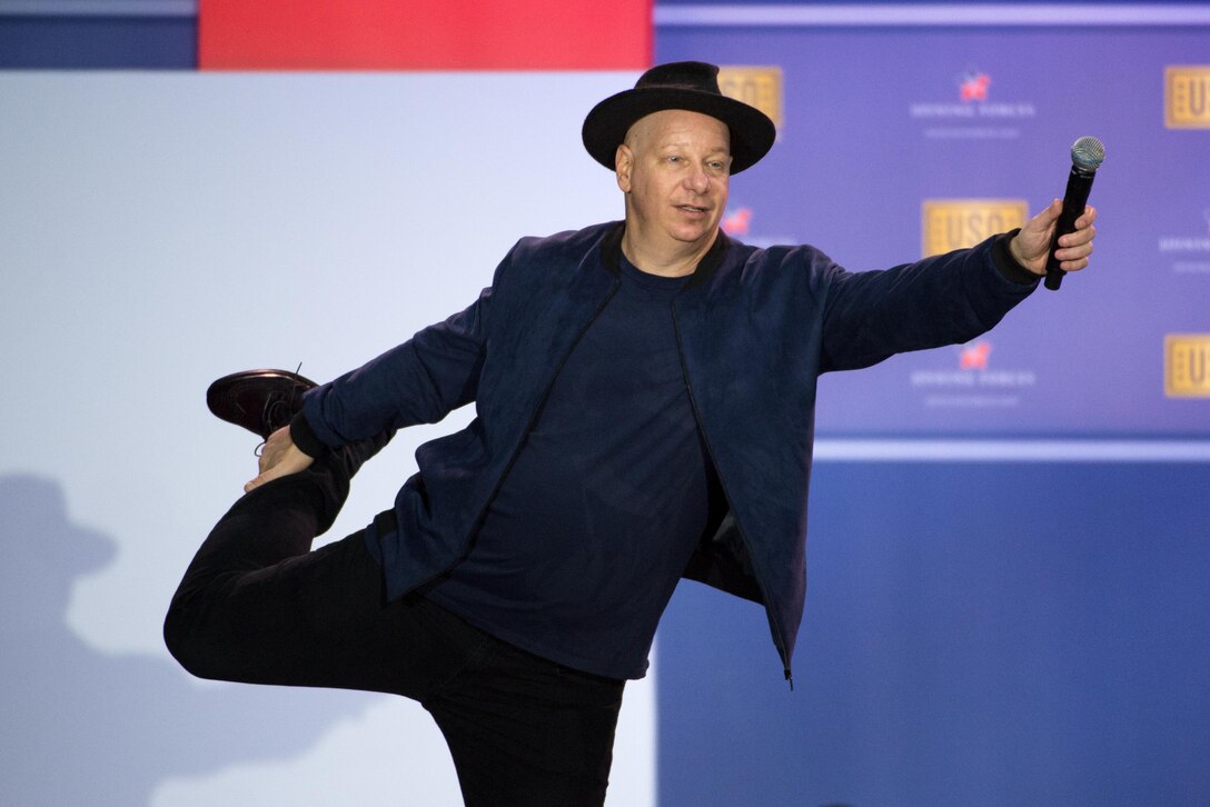 Comedian Jeff Ross performs during the comedy show celebrating the 75th anniversary of the USO and the 5th anniversary of the Joining Forces initiative at Joint Base Andrews near Washington, D.C,. May 5, 2016. DoD photo by E.J. Hersom