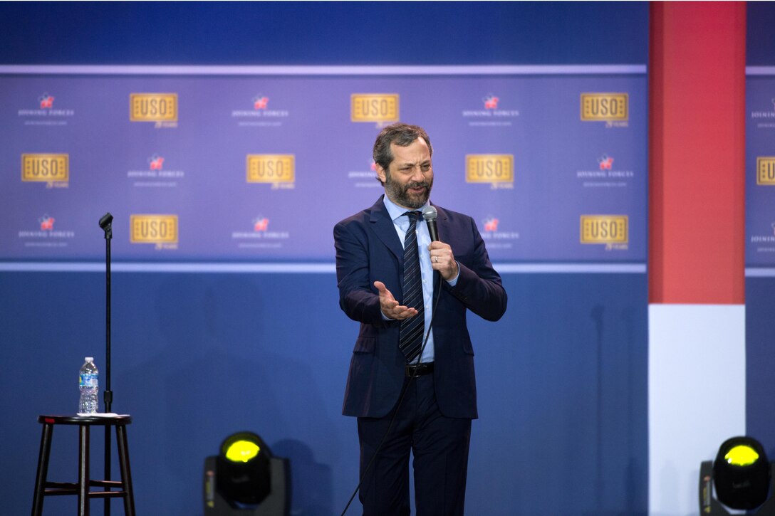 Comedian Judd Apatow performs during the comedy show celebrating the 75th anniversary of the USO and the 5th anniversary of the Joining Forces initiative at Joint Base Andrews near Washington, D.C., May 5, 2016. DoD photo by E.J. Hersom