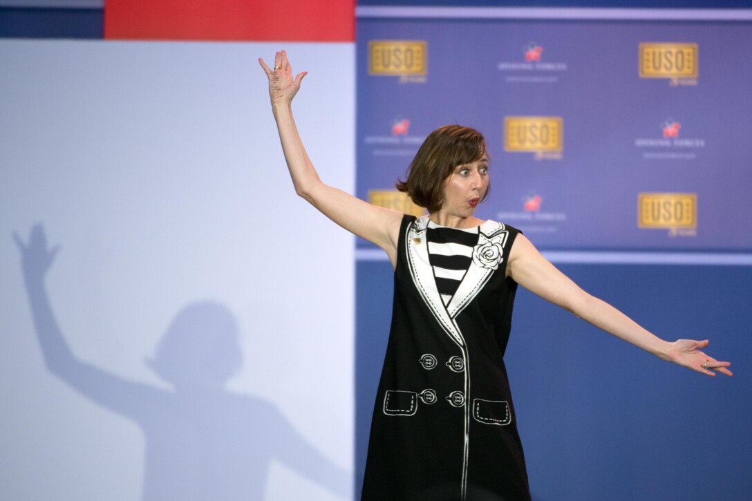 Comedian Kristen Schaal performs during the comedy show celebrating the 75th anniversary of the USO and the 5th anniversary of the Joining Forces initiative at Joint Base Andrews near Washington, D.C., May 5, 2016. DoD photo by E.J. Hersom