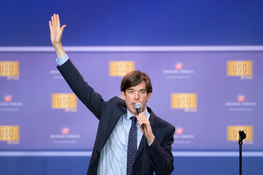 Comedian John Mulaney performs during the comedy show celebrating the 75th anniversary of the USO and the 5th anniversary of the Joining Forces initiative at Joint Base Andrews near Washington, D.C., May 5, 2016. DoD photo by E.J. Hersom