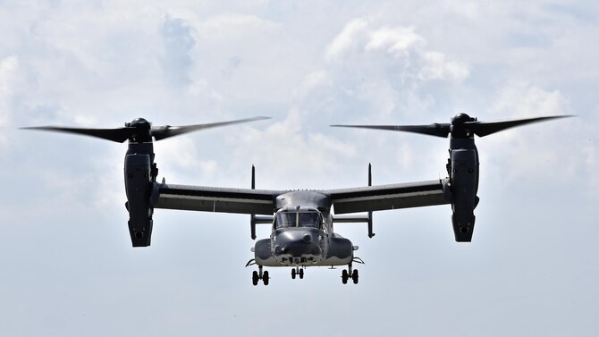 A CV-22 Osprey prepares to land during Emerald Warrior 16 on May 3, 2016, at Hurlburt Field, Fla. Emerald Warrior 16 is a U.S. Special Operation Command sponsored mission rehearsal exercise in which joint special operations forces train to respond to real and emerging worldwide threats. (U.S. Air Force photo/Senior Airman Logan Carlson)