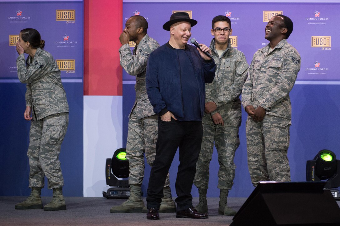 Airmen react to comedian Jeff Ross during the comedy show celebrating the 75th anniversary of the USO and the 5th anniversary of the Joining Forces initiative at Joint Base Andrews near Washington, D.C., May 5, 2016. DoD photo by E.J. Hersom