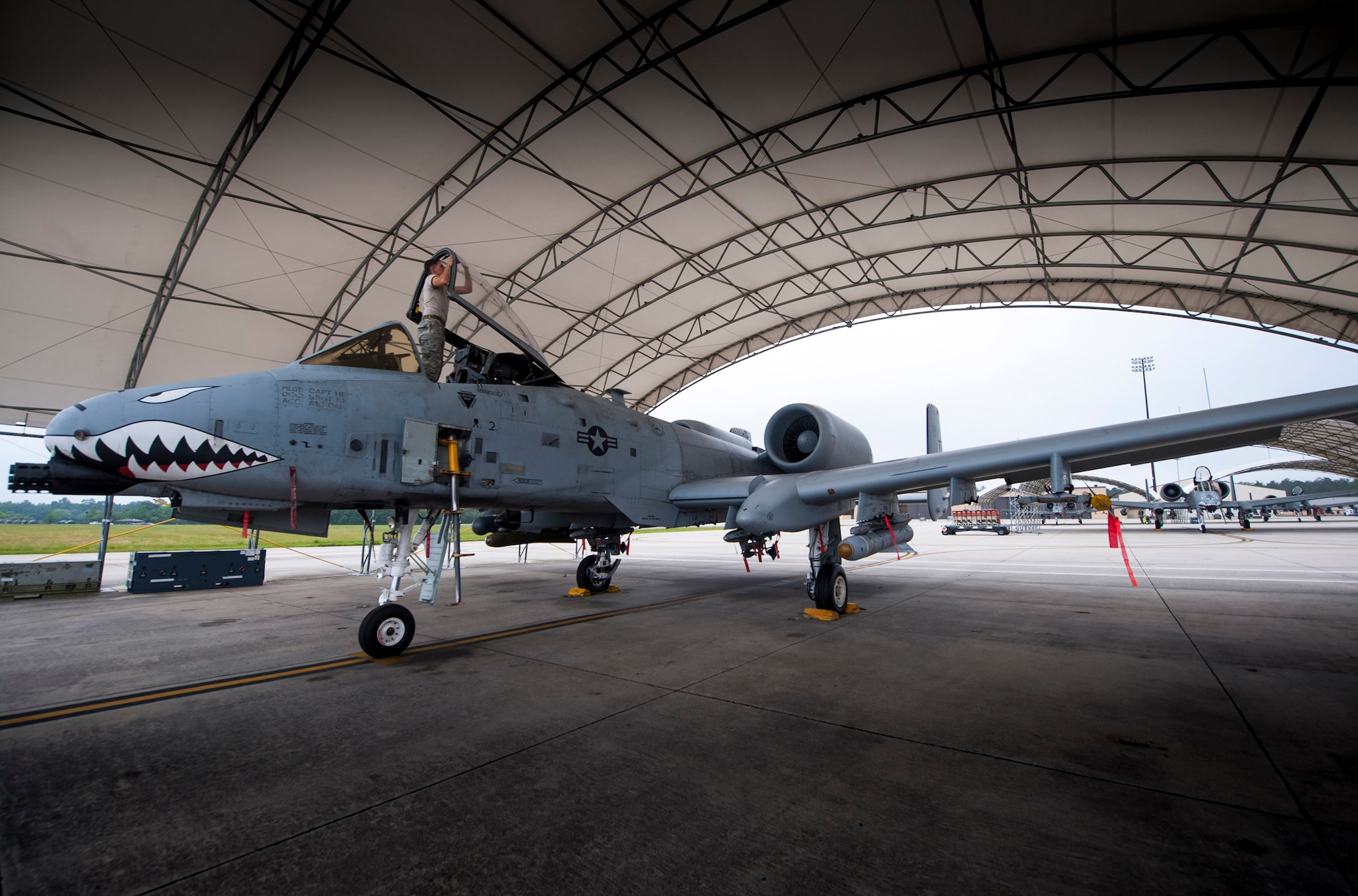 U.S. Air Force Airman 1st Class James Sprunk, 74th Aircraft Maintenance Unit crew chief, prepares an A-10C Thunderbolt II for take-off, April 28, 2016, at Moody Air Force Base, Ga. The 74th AMU recently deployed to Eastern Europe as part of the 74th Expeditionary Fighter Squadron in support of Operation Atlantic Resolve. (U.S. Air Force photo by Airman 1st Class Lauren M. Hunter/Released)
