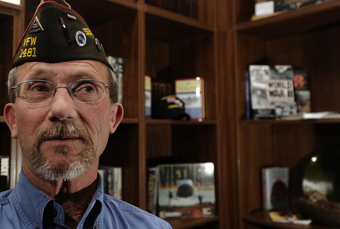 Retired Master Sgt. Mark Lamb speaks about his career in the Air Force while sitting in the library of the George E. Wahlen Ogden Veterans home in Ogden Utah, April 29. Mr. Lamb spent 22 years in the Air Force from 1975 until 1997. Most of his career he spent in the public health career field. He now spends his time helping other veterans and their families with Veterans Affairs processing and working with his local Veterans of Foreign Wars. (U.S. Air Force photo/Staff Sgt. Tim Chacon)
