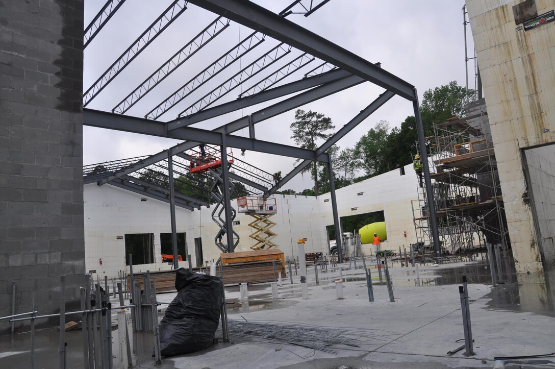 The framework of the technology center at the construction site of the new Diamond Elementary School May 3. Thirteen contest winners of Archer Western's poster contest toured the site currently under construction at Fort Stewart, Georgia. Archer Western is the prime construction contractor for the project while the Corps of Engineer's area resident office at Fort Stewart oversees construction. 