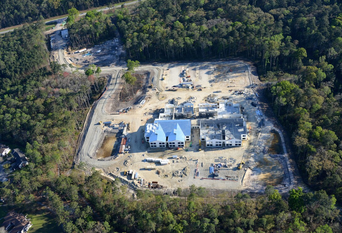 An aerial view of the new Diamond Elementary School currently under construction at Fort Stewart in Georgia March 21. Archer Western is the prime construction contractor for the project. The $40 million facility features an open layout with operable wall panels that slide open, promoting a collaborative educational environment. The two-story, 122,000 square foot facility also includes a kitchen and teachers area for each quad of classrooms, an outside amphitheater with a stage, gymnasium, three playgrounds and an interactive energy dashboard that tracks electricity-saving efforts.   
