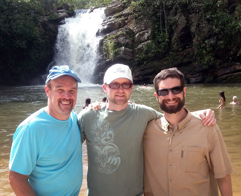 Enjoying a cooling side trip while visiting Brazil are, from left to right: Wade Ross, project manager from the Mobile District; Nicholas Applegate, supervisory economist from the Sacramento District; and William Veatch, hydrologist from the New Orleans District.  The three U.S. Army Corps of Engineers experts were in Brasilia for a two-week flood risk management workshop in spring 2015.