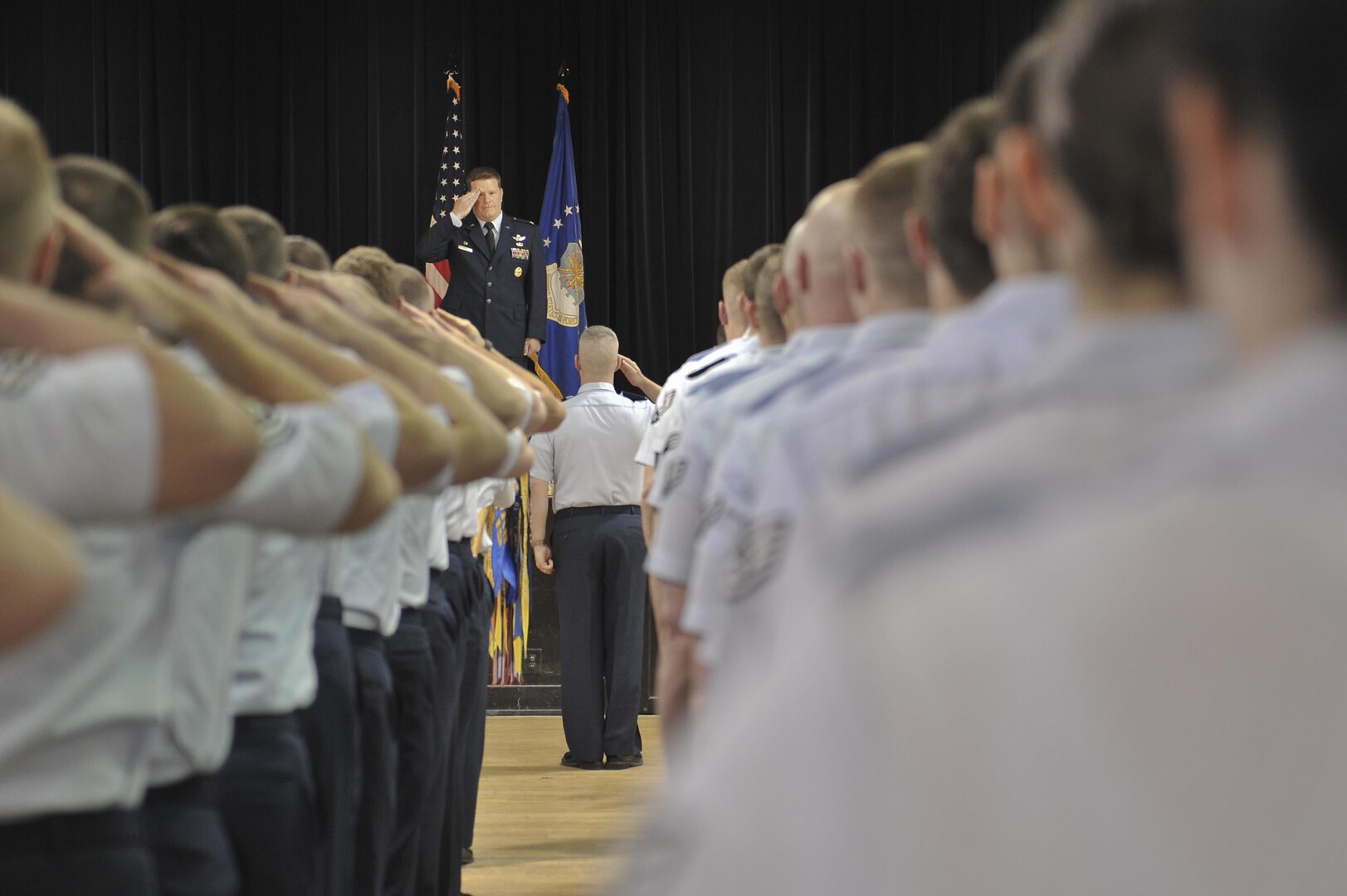 Colonel David James, 691st Intelligence, Surveillance and Reconnaissance Group commander, renders his first salute to the Airmen of the 691st ISRG during a re-activation ceremony May 5, 2016, at Fort George G. Meade, Md. Officially in-activated September 2014 at Royal Air Force Menwith Hill Station, United Kingdom, the 691st ISRG returns and is now activated under the 70th ISR Wing. (U.S. Air Force photo/Staff Sgt. Alexandre Montes)
