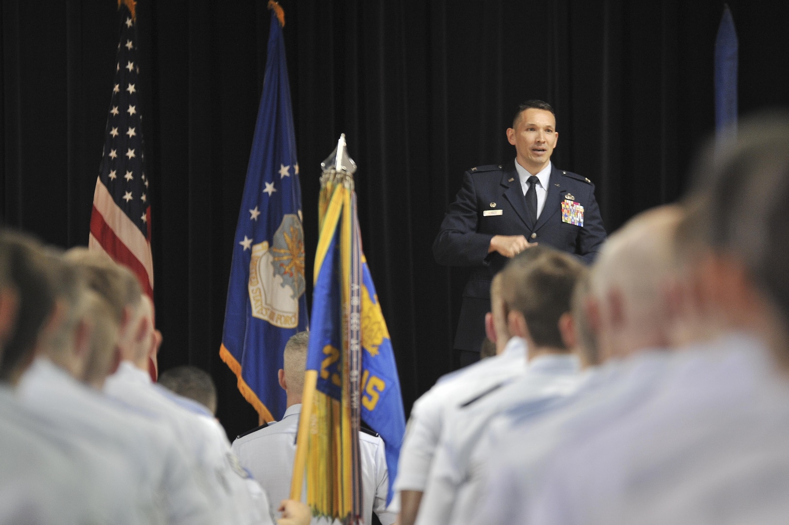 Colonel Thomas Hensley, 70th Intelligence, Surveillance and Reconnaissance Wing commander, gives remarks to introduce the new 691st ISR Group commander Col. David James, during the 691st Intelligence, Surveillance, and Reconnaissance Group re-activation ceremony May 5, 2016, at Fort George G. Meade, Md. Officially inactivated September 2014 at Royal Air Force Menwith Hill Station, United Kingdom, the 691st ISRG returns and is now activated under the 70th ISR Wing. (U.S. Air Force photo/Staff Sgt. Alexandre Montes)