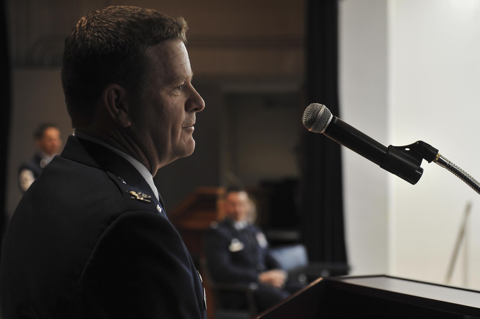 Colonel David James, 691st Intelligence, Surveillance and Reconnaissance Group commander, gives thanks to the attendees and his Airmen during the 691st ISRG re-activation ceremony May 5, 2016, at Fort George G. Meade, Md. Prior to assuming command of the 691st ISRG, James held the position of Director of Cyberspace Policy, Resources and Capabilities for the Under Secretary of Defense for Intelligence, Office of the Secretary of Defense, Washington D.C. position.  (U.S. Air Force photo/Staff Sgt. Alexandre Montes)