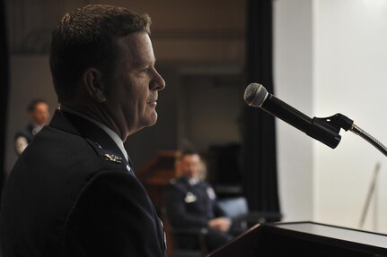 Colonel David James, 691st Intelligence, Surveillance and Reconnaissance Group commander, gives thanks to the attendees and his Airmen during the 691st ISRG re-activation ceremony May 5, 2016, at Fort George G. Meade, Md. Prior to assuming command of the 691st ISRG, James held the position of Director of Cyberspace Policy, Resources and Capabilities for the Under Secretary of Defense for Intelligence, Office of the Secretary of Defense, Washington D.C. position.  (U.S. Air Force photo/Staff Sgt. Alexandre Montes)