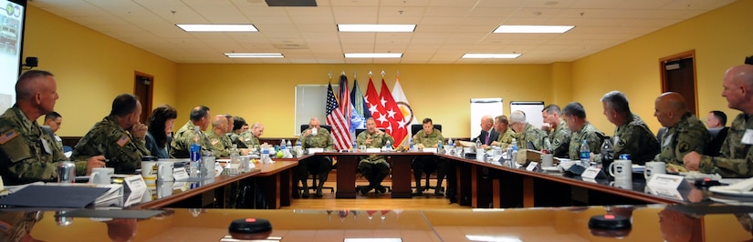 Gen. Robert B. Abrams, commanding general of U.S. Forces Command, center, addresses Army Reserve senior leaders during the FORSCOM Commander’s Dialogue hosted May 4 by the Army Reserve’s 99th Regional Support Command at Joint Base McGuire-Dix-Lakehurst, New Jersey. The purpose of the dialogue was to conduct informal and candid discussions with Army Reserve senior leaders on mission readiness challenges, including best practices. Joining Abrams for the Dialogue were Lt. Gen. Michael S. Tucker, First U.S. Army commanding general; Lt. Gen. Jeffrey W. Talley, chief of Army Reserve and U.S. Army Reserve Command commanding general; and leaders from the Army Reserve’s 99th RSC, 75th Training Command and 1st Mission Support Command.
