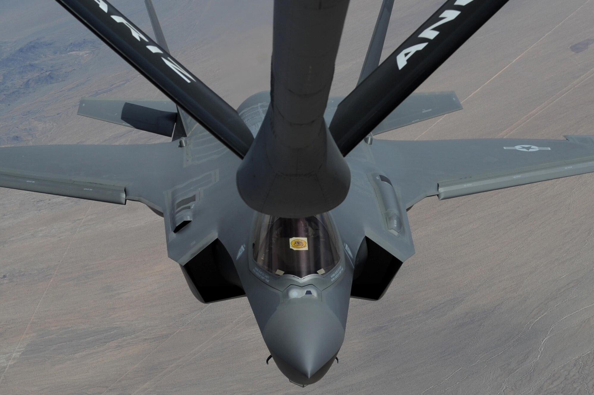 A luke Air Force Base F-35 Lightning II accepts fuel from a KC -135 Stratotanker May 5, 2016, at 21 thousand feet above Arizona. 