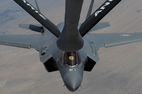 A luke Air Force Base F-35 Lightning II accepts fuel from a KC -135 Stratotanker May 5, 2016, at 21 thousand feet above Arizona. 