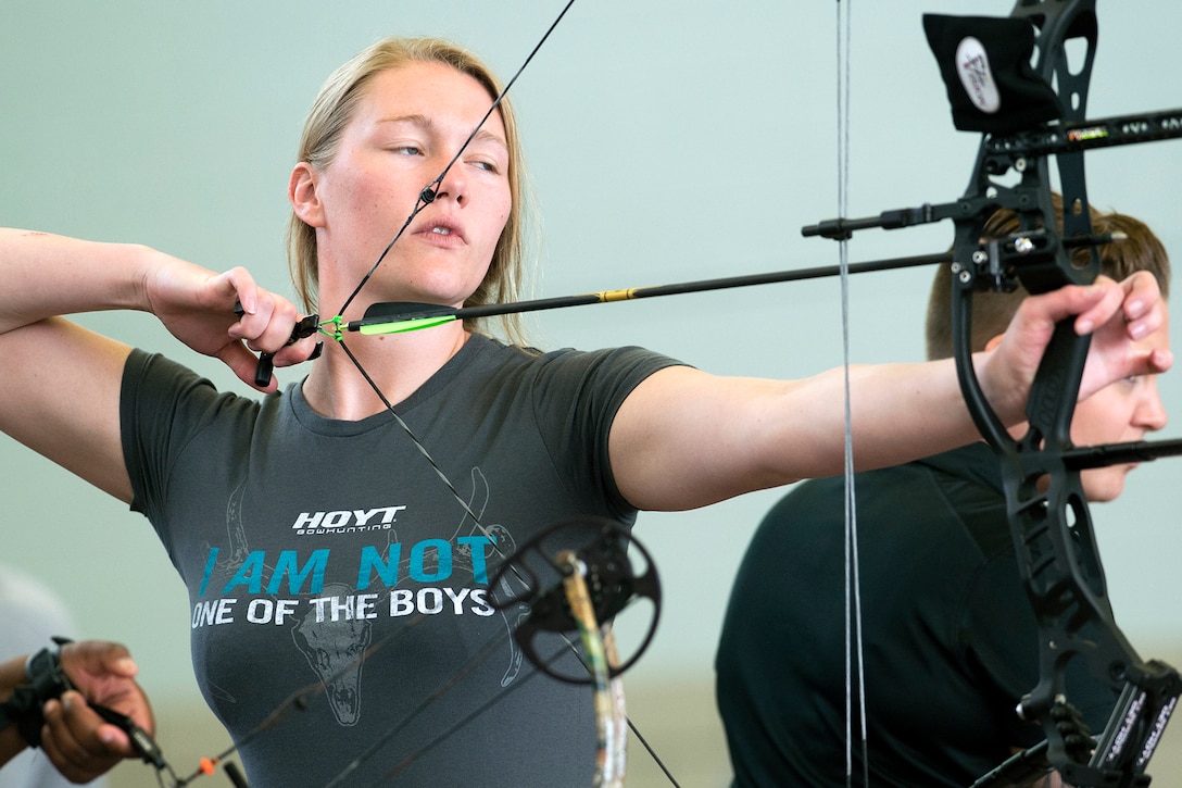 Then Army Reserve Spc. Chasity Kuczer aims an arrow during the Army Trials for the 2015 Department of Defense Warrior Games on Fort Bliss in El Paso, Texas, March 31, 2015. DoD photo by EJ Hersom