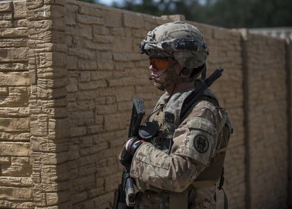 Sgt. Mason Miller, a U.S. Army Reserve military police Soldier from the 56th Military Police Company (Combat Support), of Mesa, Arizona, pulls security during a conducts a cordon and search training lane at Fort Hunter-Liggett, California, May 4. Approximately 80 units from across the U.S. Army Reserve, Army National Guard and active Army are participating in the 84th Training Command's second Warrior Exercise this year, WAREX 91-16-02, hosted by the 91st Training Division at Fort Hunter-Liggett, California. (U.S. Army photo by Master Sgt. Michel Sauret)