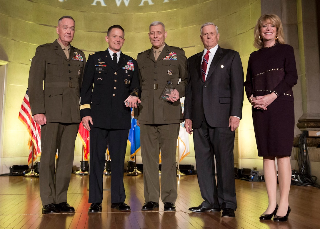 From the left, The Chairman of the Joint Chiefs of Staff, Gen. Joseph F. Dunford, Jr.; Vice Chief of Staff of the Army, Gen. Daniel B. Allyn; Assistant Commandant of the Marine Corps, Gen. John M. Paxton Jr.; President and CEO of the Henry M. Jackson Foundation for the Advancement of Military Medicine, Inc., John W. Lowe; and Vice President of the Henry M. Jackson Foundation, Cynthia L. Gilman, pose for a photo during the Heroes of Military Medicine Awards dinner in Washington, D.C., May 5, 2016. During the awards dinner both Paxton and Allyn received the Hero of Military Medicine Senior Leader Award. (U.S. Marine Corps photo by Sgt. Tia Dufour/Released)