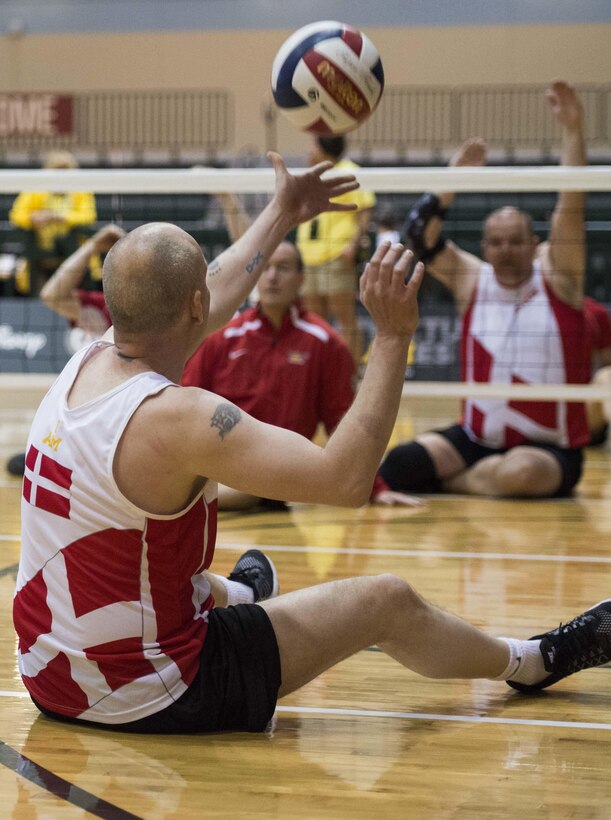 Team Georgia wounded warrior athletes practice sitting volleyball at the 2016 Invictus Games in Orlando, Fla., May 6, 2016. Air Force photo by Senior Master Sgt. Kevin Wallace
