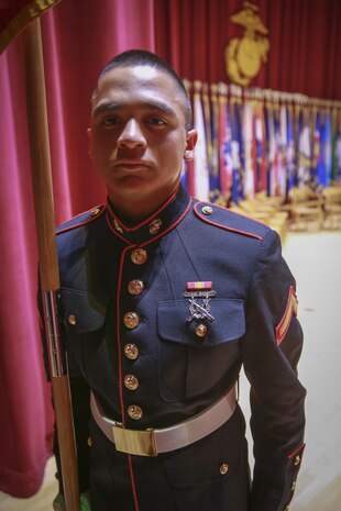 Private First Class Jose Reyes, Platoon 3229, Kilo Company, 3rd Recruit Training Battalion, stands at parade rest prior to graduation at Marine Corps Recruit Depot San Diego, May 6. Reyes is a San Diego  native and was recruited out of Recruiting Station San Diego. Annually, more than 17,000 males recruited from the Western Recruiting Region are trained at MCRD San Diego.