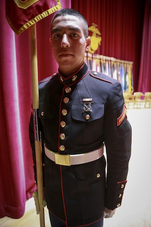 Private First Class David Rodriguez, Platoon 3230, Kilo Company, 3rd Recruit Training Battalion, stands at parade rest prior to graduation at Marine Corps Recruit Depot San Diego, May 6. Rodriguez is a Healdsburg, Calif., native and was recruited out of Recruiting Station San Jose. Annually, more than 17,000 males recruited from the Western Recruiting Region are trained at MCRD San Diego.