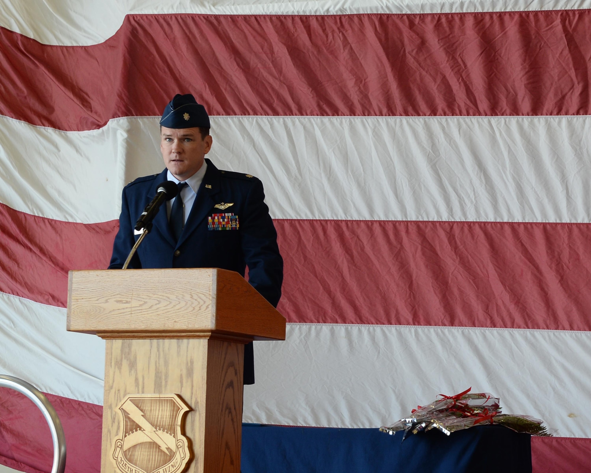 Col. Keith McGuire, incoming commander 337th Air Control Squadron, addresses his new squadron at the 337th ACS change of command ceremony at Tyndall Air Force Base, Fla., May 5, 2016. McGuire received his commission from the Citadel in Charleston, South Carolina in May of 2000 and has more than 1,100 hours of operational experience on the E-8C Joint Surveillance Target Attack Radar System. (U.S. Air Force photo/Airman 1st Class Cody R. Miller)