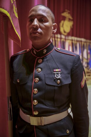 Private First Class Eddie Thomas, Platoon 3233, Kilo Company, 3rd Recruit Training Battalion, stands at parade rest prior to graduation at Marine Corps Recruit Depot San Diego, May 6. Thomas is a Mobile, Ala., native and was recruited out of Recruiting Station Culver City. Annually, more than 17,000 males recruited from the Western Recruiting Region are trained at MCRD San Diego.