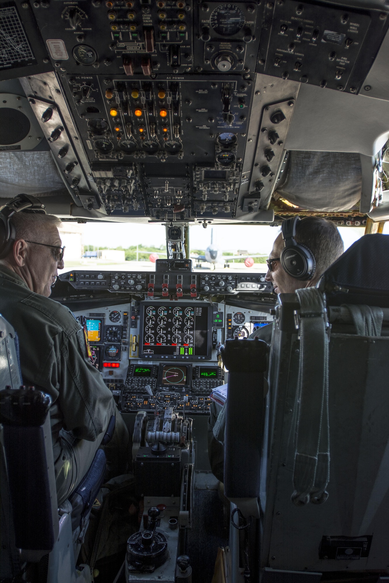 Lt. Col. Eric Wilks and Lt. Col. Marvin Ashbaker, pilots with the 465th Air Refueling Squadron, conduct pre-flight checks aboard the Air Force Reserve Command’s first KC-135 to be upgraded with Block 45 May 5, 2016, at Tinker Air Force Base, Okla. The $910 million dollar modification program has upgraded 29 aircraft to date. (U.S. Air Force photo/Tech. Sgt. Lauren Gleason)