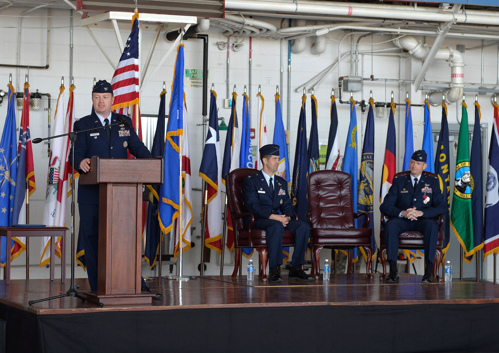 Col. Ryan Suttlemyre, incoming 33rd Operations Group commander, addresses his new Airmen during a change of command at Eglin Air Force Base, Fla., May 5, 2016. Upon taking command of the 33rd OG the colonel will be responsible for  leading a 390 personnel group comprised of an operations support squadron, formal training unit air control squadron and formal training unit F-35 fighter squadron. (U.S. Air Force Photo/Senior Airman Andrea Posey)