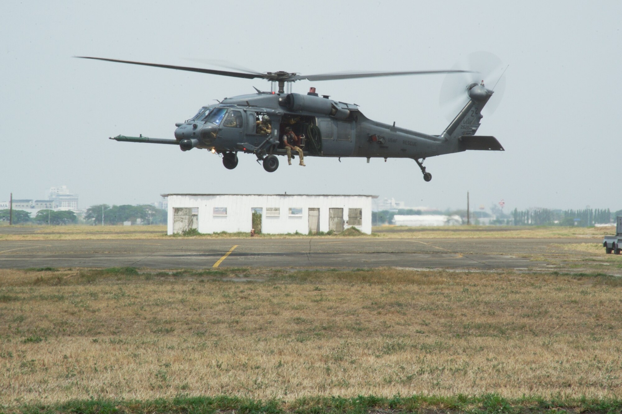 An HH-60G Pave Hawk prepares to land after completing the final mission for U.S. Pacific Command’s first iteration of an Air Contingent at Clark Air Base, Philippines, April 28, 2016. The Pave Hawks conducted a personnel recovery exercise in collaboration with the A-10s. These flights improved the interoperability between the two aircraft’s crews and ensures the pilots are qualified to conduct rescue operations. (U.S. Air Force Photo by Capt. Susan Harrington)