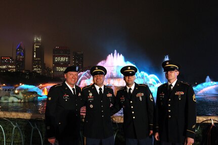 From left to right: Spc. David Lietz, Sgt. 1st Class Miguel Uriostegui, Sgt. 1st Class Joshua Connor, and Staff Sgt. Walter Rodgers, pause in front of Buckingham Fountain in downtown Chicago for the #2016NFLDraft. The Army Reserve soldiers were there to present the national colors during the opening ceremony, April 28, 2016.
(Photo by Sgt. 1st Class Anthony L. Taylor)