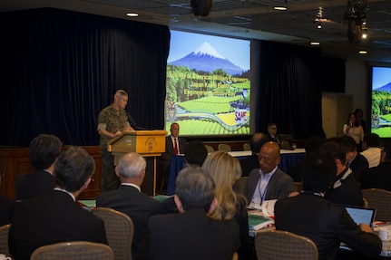 Col. Chris Michelsen, United States Forces, Japan, director of logistics and installations, speaks before Industry Day participants at Yokota Air Base, Japan, April 28, 2016. The event, led by the 374th Civil Engineer Squadron, 374th Contracting Squadron, USFJ and the Society of American Military Engineers, was an opportunity for U.S. government organizations to build partnerships with industries from throughout Japan in the wave of new construction projects throughout the region.