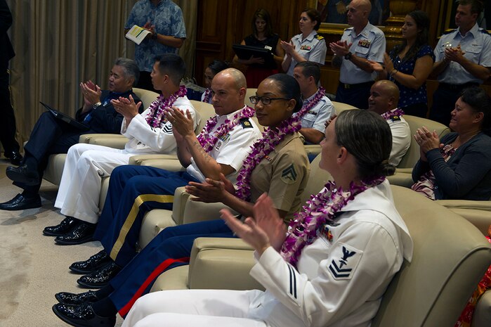 HONOLULU, Hawaii — The Chamber of Commerce Hawaii’s Military Affairs Council and U.S. Pacific Command leadership gather at the state capitol building, during the Annual Hawaii Military Appreciation Month ceremony on May 6. The Ceremony was an opportunity for government, business, and community leaders recognize and honor Hawaii-based service members and their families for their sacrifice. 