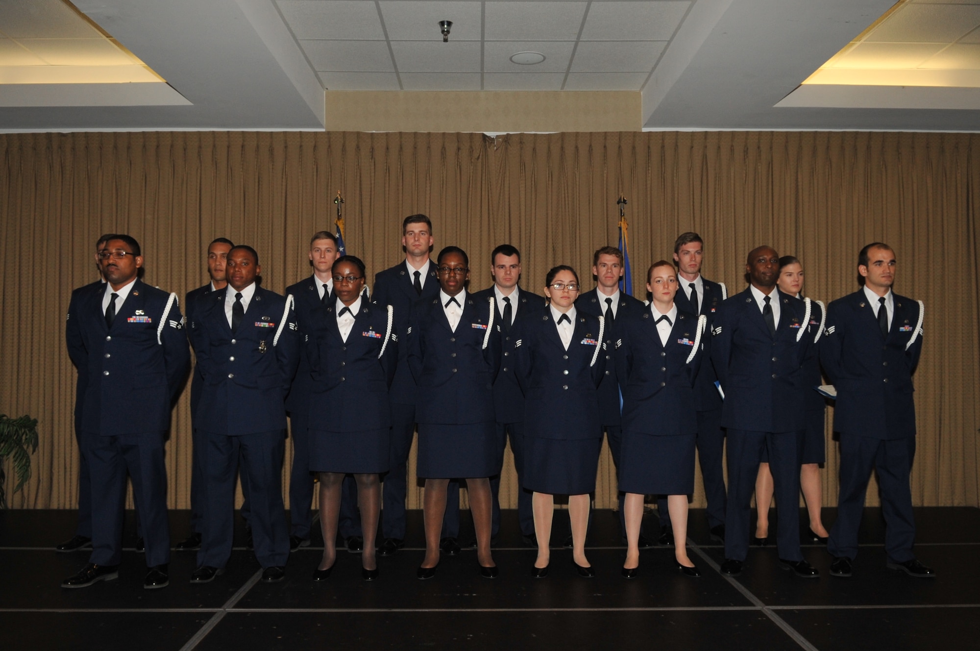 The students of Airman Leadership School Class 16-E graduated May 5, 2016 at the Northern Lights Club on Grand Forks Air Force Base, North Dakota. ALS students learn fundamental supervisory skills over a period of six weeks, including drafting Air Force correspondence, conducting mock counseling sessions, and more. (U.S. Air Force photo/Staff Sgt. Susan L. Davis)