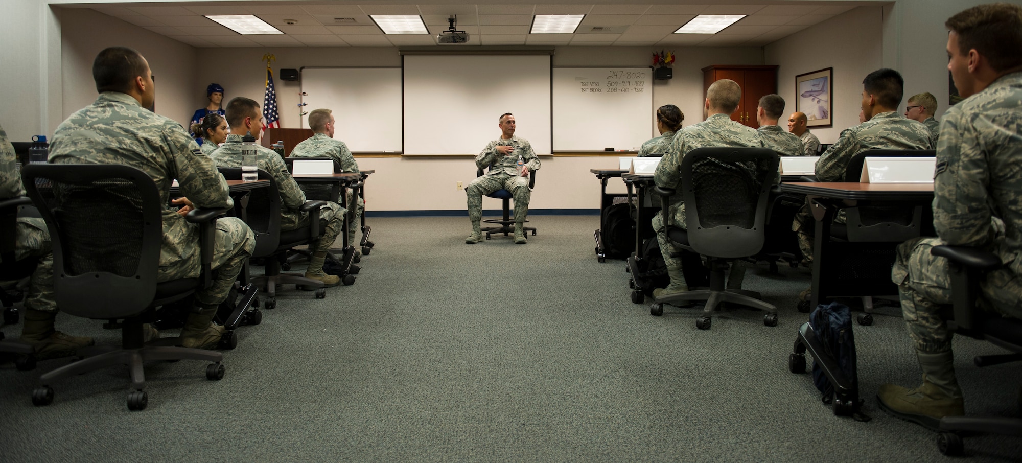 Chief Master Sgt. Todd Petzel, 18th Air Force command chief, Talks with a First Term Airmen Center class about the importance of what they do for the mission May 5, 2016, at Fairchild Air Force Base, Wash. Petzel also talked with the current Airmen Leadership School Class about being a good leader and knowing your Airmen. (U.S. Air Force photo/ Airman 1st Class Sean Campbell)