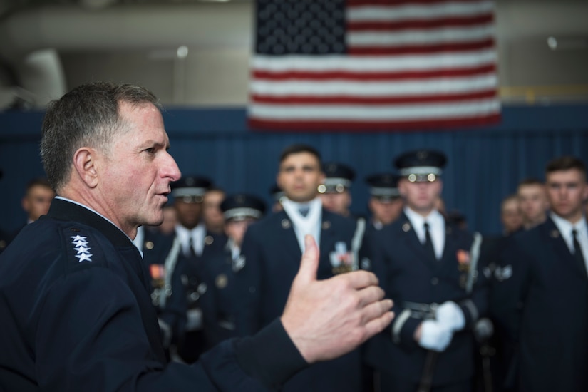 U.S. Air Force Vice Chief of Staff Gen. David L. Goldfein speaks with U.S. Air Force Honor Guardsmen during an 11th Operations Group immersion tour at Joint Base Anacostia-Bolling, Washington, D.C., May 3, 2016. Goldfein toured the 11th OG to meet Airmen and learn about the mission. (U.S. Air Force photo by Airman 1st Class Philip Bryant)