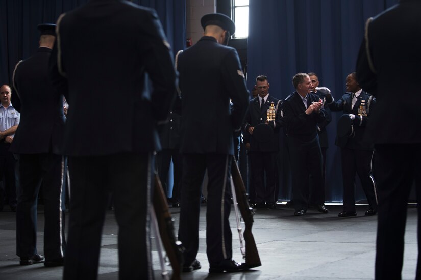 U.S. Air Force Vice Chief of Staff Gen. David L. Goldfein watches the U.S. Air Force Honor Guard Drill Team during an 11th Operations Group immersion tour at Joint Base Anacostia-Bolling, Washington, D.C., May 3, 2016. Goldfein toured the 11th OG to meet Airmen and learn about the mission. (U.S. Air Force photo by Airman 1st Class Philip Bryant)