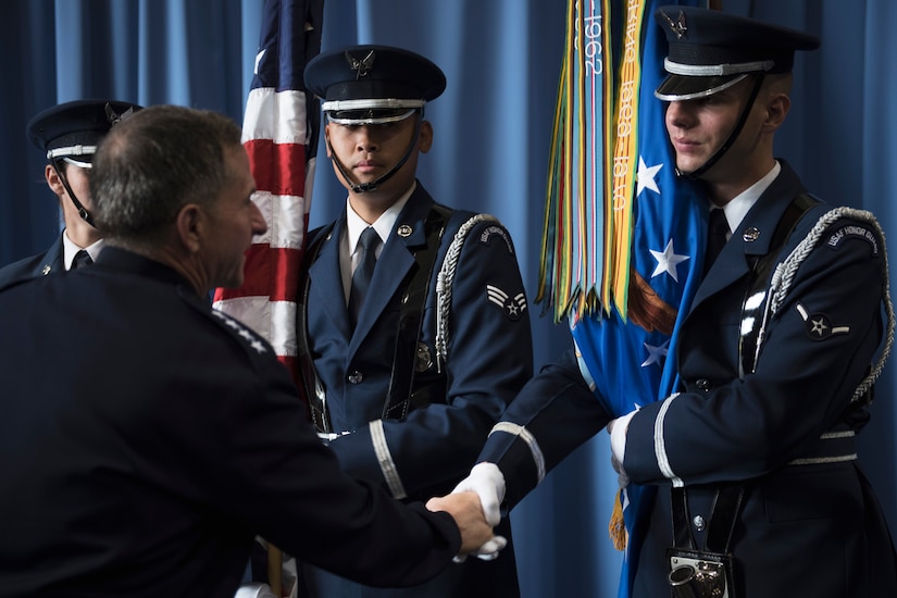 U.S. Air Force Vice Chief of Staff Gen. David L. Goldfein shakes hands with U.S. Air Force Honor Guardsmen during an 11th Operations Group immersion tour at Joint Base Anacostia-Bolling, Washington, D.C., May 3, 2016. Goldfein toured the 11th OG to meet Airmen and learn about the mission. (U.S. Air Force photo by Airman 1st Class Philip Bryant)