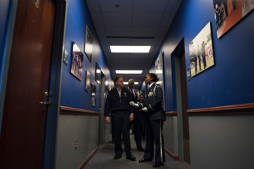 U.S. Air Force Vice Chief of Staff Gen. David L. Goldfein speaks with 1st Lt. Kenda Gusme, U.S. Air Force Honor Guardmen, during an 11th Operations Group immersion tour at Joint Base Anacostia-Bolling, Washington, D.C., May 3, 2016. Goldfein toured the 11th OG to meet Airmen and learn about the mission. (U.S. Air Force photo by Airman 1st Class Philip Bryant)