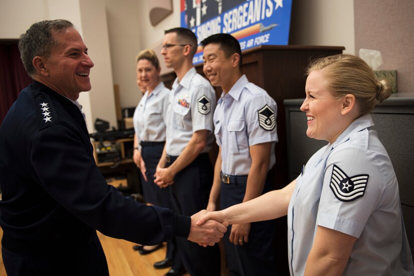 U.S. Air Force Vice Chief of Staff Gen. David L. Goldfein shakes hands with a U.S. Air Force Band member during an 11th Operations Group immersion tour at Joint Base Anacostia-Bolling, Washington, D.C., May 3, 2016. Goldfein toured the 11th OG to meet Airmen and learn about the mission. (U.S. Air Force photo by Airman 1st Class Philip Bryant)