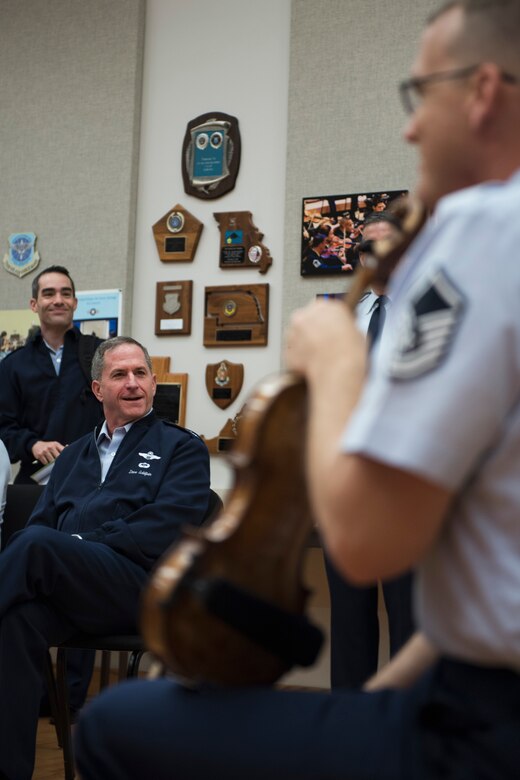 U.S. Air Force Vice Chief of Staff Gen. David L. Goldfein speaks with U.S. Air Force Band members during an 11th Operations Group immersion tour at Joint Base Anacostia-Bolling, Washington, D.C., May 3, 2016. Goldfein toured the 11th OG to meet Airmen and learn about the mission. (U.S. Air Force photo by Airman 1st Class Philip Bryant)