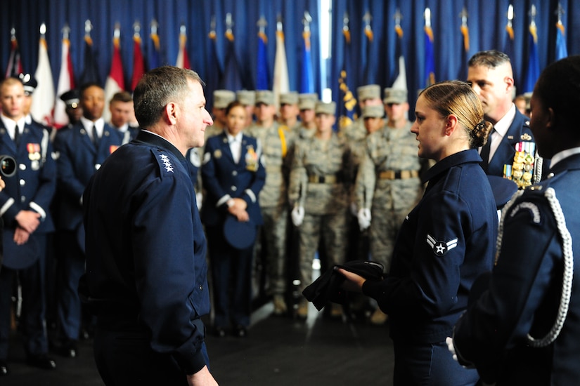 U.S. Air Force Vice Chief of Staff Gen. David L. Goldfein speaks with the U.S. Air Force Honor Guard during an 11th Operations Group immersion tour at Joint Base Anacostia-Bolling, Washington, D.C., May 3, 2016. Goldfein toured the 11th OG to meet Airmen and learn about the mission. (U.S. Air Force photo by Staff Sgt. Kurtis Brown)