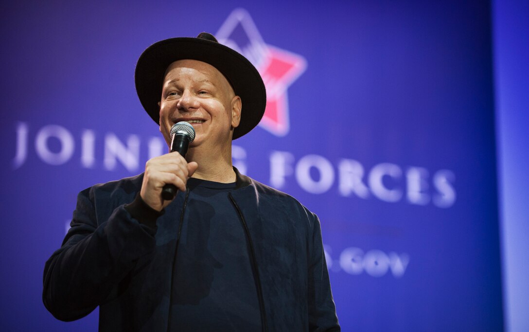 Jeff Ross, comedian, performs a comedy skit during the ‘Celebration of Service’ comedy show on Joint Base Andrews, Md., May 5, 2016. Ross was one of six comedians who performed during the USO and Joining Forces event. Nearly 1,500 service members, veterans and their families were on hand to see performances by Judd Apatow, Mike Birbiglia, Kristen Schaal, Hasan Minhaj, John Mulaney and Jeff Ross. (U.S. Air Force photo by Airman 1st Class Philip Bryant)