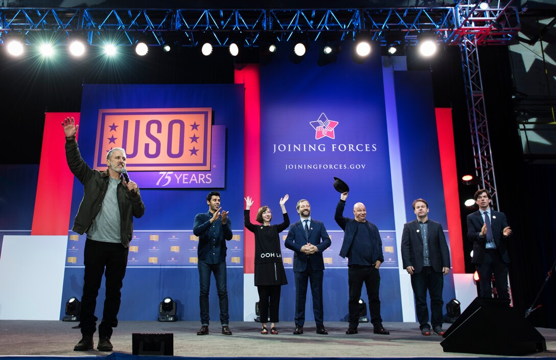 Comedians give their farewells at the end of the ‘Celebration of Service’ comedy show on Joint Base Andrews, Md., May 5, 2016. The show celebrated Military Appreciation Month, the 5th Anniversary of Joining Forces and the 75th Anniversary of the USO. Nearly 1,500 service members, veterans and their families were on hand to see performances by Judd Apatow, Mike Birbiglia, Kristen Schaal, Hasan Minhaj, John Mulaney and Jeff Ross. (U.S. Air Force photo by Airman 1st Class Philip Bryant)