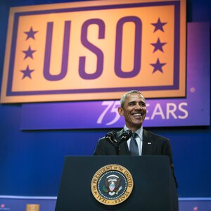 President Barack Obama speaks at the ‘Celebration of Service’ comedy show on Joint Base Andrews, Md., May 5, 2016. The show celebrated Military Appreciation Month, the 5th Anniversary of Joining Forces and the 75th Anniversary of the USO. The event was hosted by comedian Jon Stewart and featured remarks from the President, Vice President, the First Lady and Dr. Biden. (U.S. Air Force photo by Airman 1st Class Philip Bryant)